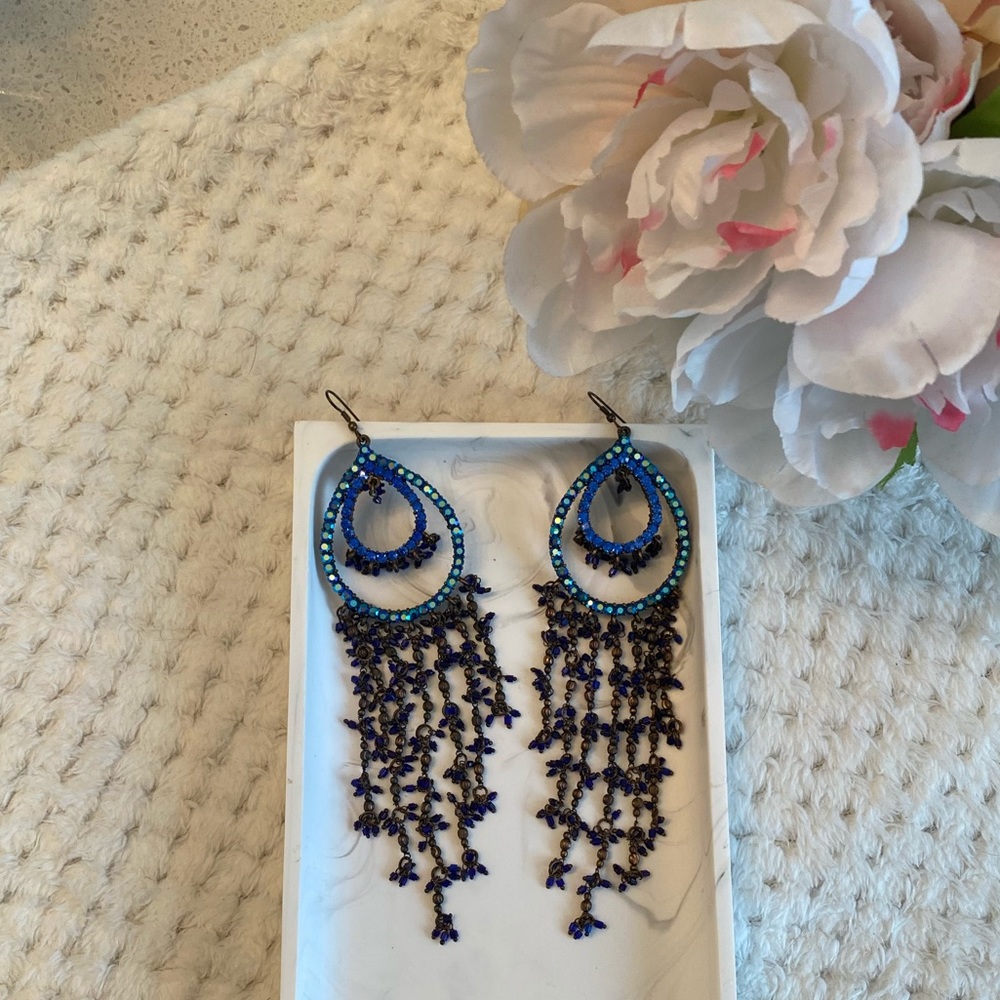 Peacock inspired hand crafted teardrop chandler earrings